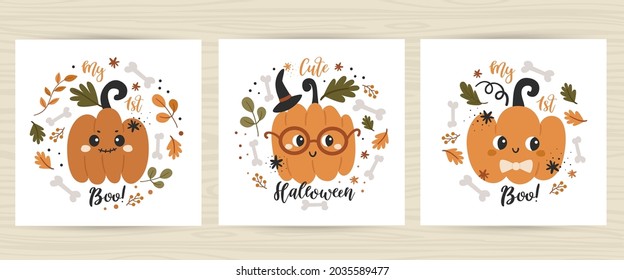 Set of posters with cute pumpkins. Perfect for kids bedroom, nursery decoration, posters and wall decorations