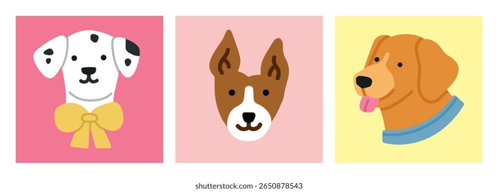 Conjunto de cartazes com cabeças de cachorrinho bonito. Cão dálmata, Golden Retriever e Basenji. Para materiais de marketing relacionados a animais de estimação, conteúdo sobre raças, impressões, cartões etc. Ilustrações vetoriais coloridas.