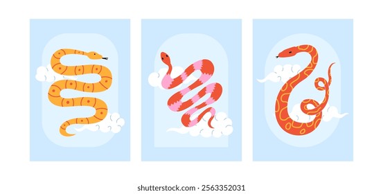 Set of posters with cute snakes and clouds in oriental asian style. Vector flat illustration with symbol of lunar new year. Greeting cards with colorful reptiles and geometric frames