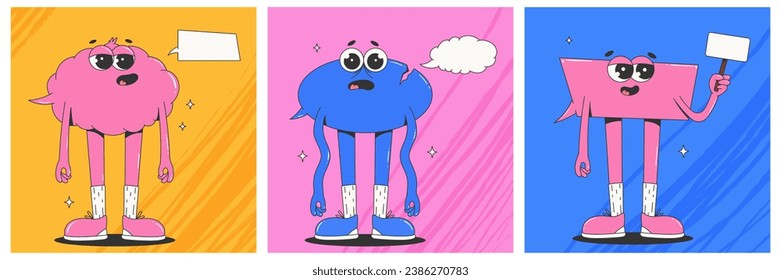 A set of posters with cute speech bubble characters. Trendy retro groovy style and bright colors.