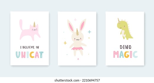 Carteles con lindos animales unicornios. Kawaii imprime una colección para niños de arte mural.