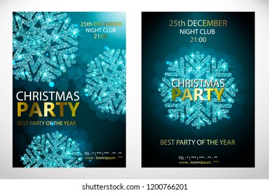 Set of posters with cyan snowflakes. Christmas ,Happy New Year party. Background with blue silver sparkling snowflake. Bright surface. Vector Illustration for holiday greeting card. Gold lettering