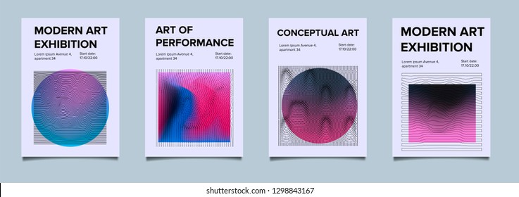 Set of posters in cyberpunk futuristic style for modern art exhibition, flyer collection for museum, art space ect. Geometric gradient shapes (circle, square) on glitched background.