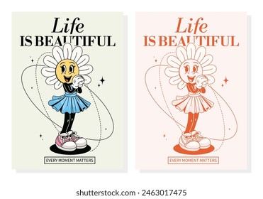 A set of posters with daisy flowers. Fashionable retro groovy character style. 70s hippie character, vintage print, monochrome. Vector.