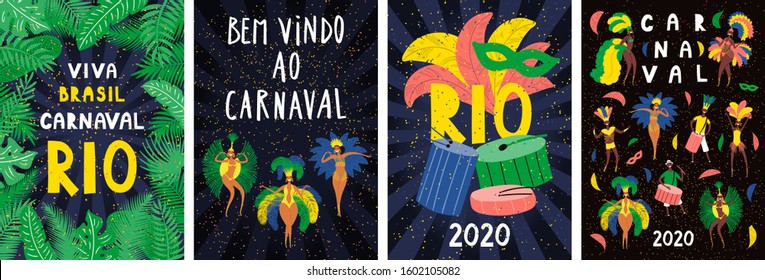 Set of posters with dancing people in bright costumes, feathers, Portuguese text Bem vindo ao Carnaval, Welcome to Carnival. Hand drawn vector illustration. Flat style design. Concept flyer, banner.