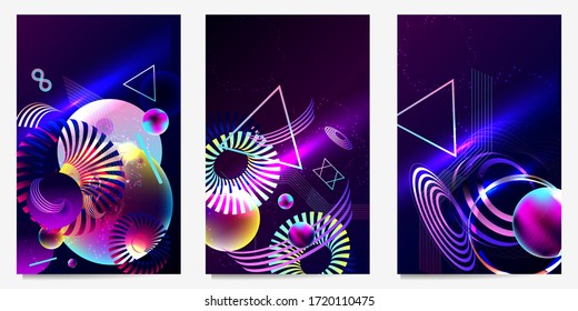 Set of posters dark retro futuristic art neon abstraction buttockground. Cosmos new art 3d starry sky glowing galaxy and planets blue