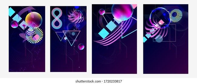 Set of posters dark retro futuristic art neon abstraction buttockground. Cosmos new art 3d starry sky glowing galaxy and planets blue