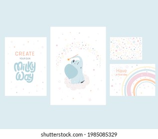 A set of posters for the decor of a children's room: an elephant on a cloud conjures a magic wand. Milky Way. Stars. Posters for nursery