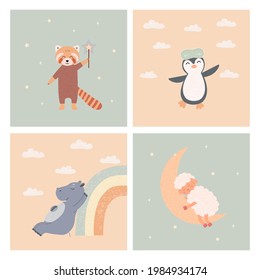 A set of posters for decorating the nursery. Cartoon childish cute animals, penguin, sheep, hippo, red panda. Vector illustration.