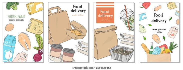 Set of posters dedicated to the delivery of food and groceries. Grocery, fruit, vegetables, prepared food from the restaurant and drinks. Colorful vector illustration in sketch style on a white