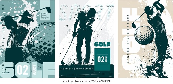 Set of posters dedicated to golf in Grunge silhouette style