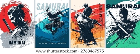 Set of posters dedicated to samurai in Grunge silhouette style