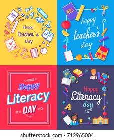 Set of posters dedicated to teachers day and literacy celebration with images of books, pens and pencils, rules and bags vector illustration