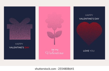 Set of posters dedicated to Valentine's Day. Holiday concept. Flower, heart and gift with grunge texture. Minimalistic design. Vector illustration.