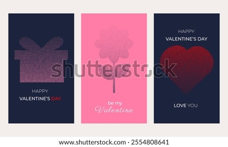 Set of posters dedicated to Valentine's Day. Holiday concept. Flower, heart and gift with grunge texture. Minimalistic design. Vector illustration.
