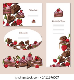 Set of posters with delicious chocolate desserts and berries.