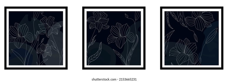 Un conjunto de carteles con flores en un estilo de una línea. Ilustración de material vectorial. Pinturas. Fondo oscuro.