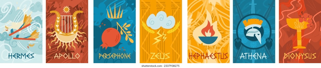 A set of posters depicting the gods and goddesses of ancient Greek mythology. Vector illustration