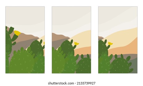 set of posters with desert landscape and cactuses, modern nature design for journals, brochures, flyer and more 