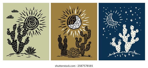 Set of posters with desert landscapes. Drawings and doodles of cacti and succulents with sun, moon and stars. Minimalistic style. Vector illustration.