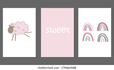 
set of posters for design. prints for clothes and pictures with sheep and a rainbow. Children's drawings.