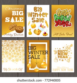 A set of posters for the design of the promotion for the winter sale. New Year cards in gold color.