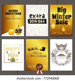 A set of posters for the design of the promotion for the winter sale. New Year cards in gold color.