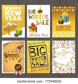 A set of posters for the design of the promotion for the winter sale. New Year cards in gold color.