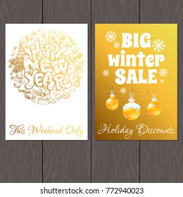 A set of posters for the design of the promotion for the winter sale. New Year cards in gold color.