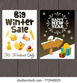 A set of posters for the design of the promotion for the winter sale. New Year cards in black and white color.