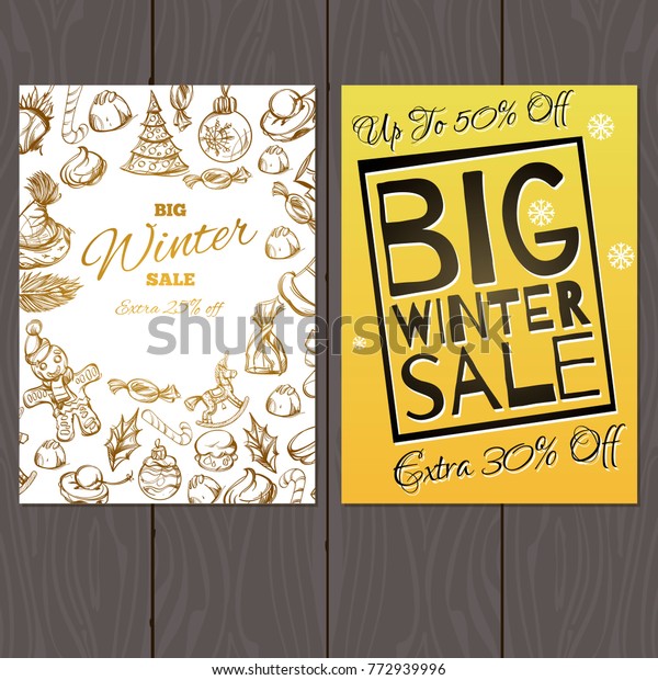A set of posters for the\
design of the promotion for the winter sale. New Year cards in gold\
color.