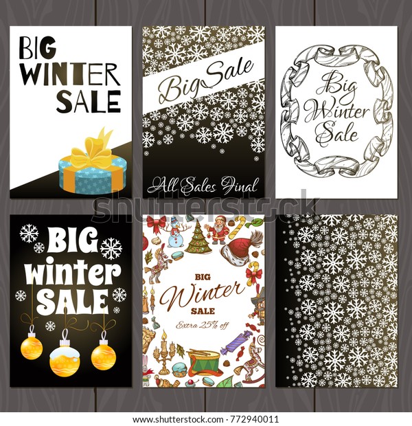 A set of posters\
for the design of the promotion for the winter sale. New Year cards\
in black and white color.