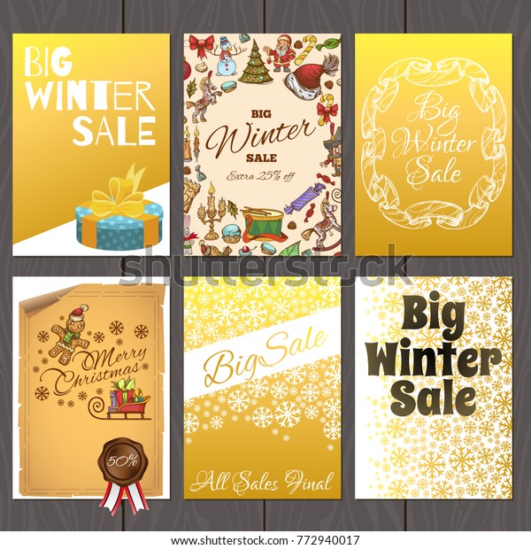 A set of posters for the\
design of the promotion for the winter sale. New Year cards in gold\
color.