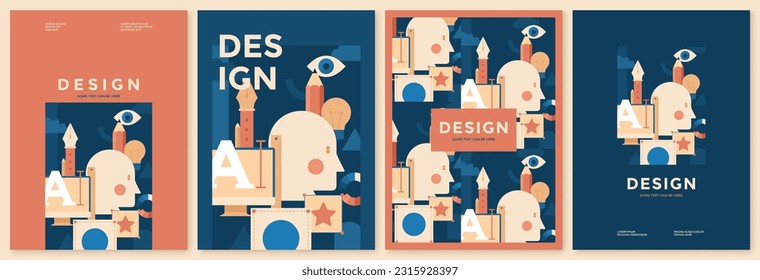 Set of Posters with Design Tools Elements. Vector illustration of abstract flat style screen, pencil, creator head, eye, pen and geometric shapes for greeting card, background or wallpaper. 