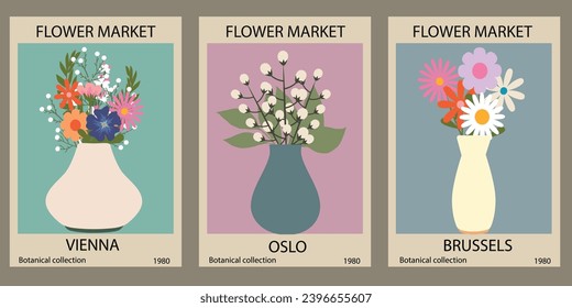 Set of posters with different flowers. Modern style, trendy pastel colors. Abstract daisy, poppy, marigold flowers. Vector colorful illustrations, perfect for wall art, cards, covers. Vector