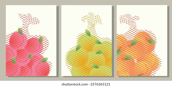 Set of posters with different fruits. Art for postcards, wall art, banner, background. Vector illustration.