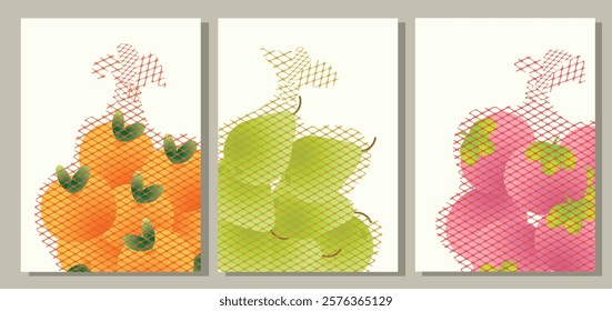 Set of posters with different fruits. Art for postcards, wall art, banner, background. Vector illustration.