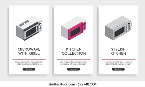 A set of posters with different microwaves for different interiors. Elements for classic, bright and modern interiors. Stylish vector illustration isolated on white background.