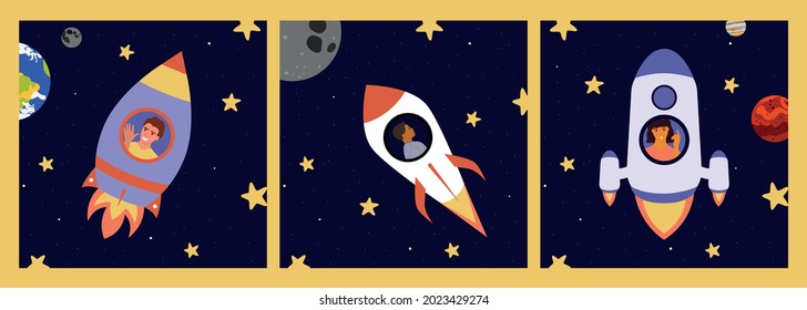 A set of posters with different rockets and astronauts in space.  Earth, Moon, Mars, Jupiter, stellar galaxy and blue space of the universe.  Vector flat illustration.
