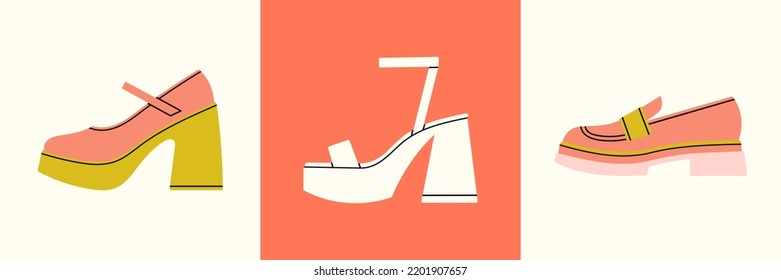 Carteles con zapatos diferentes: zapatos altos con tacón, sandalias y holgazanes. Conjunto de iconos. Calzado elegante. Concepto de moda y estilo de vida. Ilustración vectorial dibujada a mano. Diseño plano.