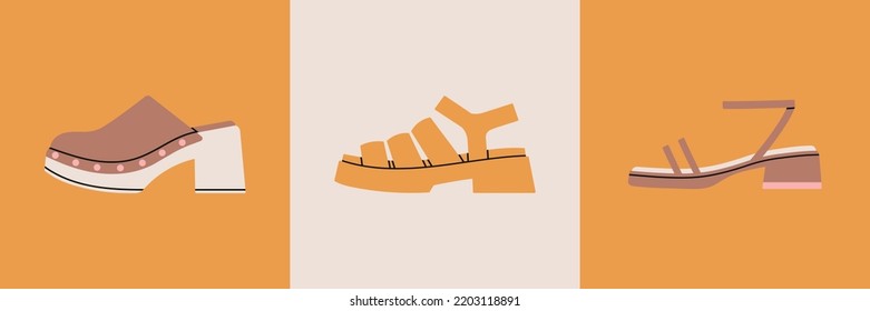 Set Of Posters With Different Shoes: Sandals And Clogs. Icon Set. Stylish Footwear. Fashion And Lifestyle Concept. Hand Drawn Vector Illustration. Flat Design.