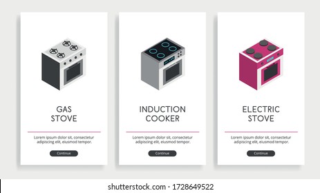 Un conjunto de afiches con diferentes estufas para diferentes interiores. Elementos para interiores clásicos, luminosos y modernos. Elegante ilustración vectorial aislada en fondo blanco.