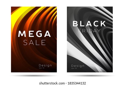 Set of posters or digital banner for sale or other promo with 3d shapes of metal curves in gold and black and white colors