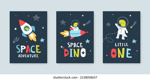 Set of posters with dino astronaut in the space. Cute collection of cosmic vector prints with dinosaur cosmonaut.