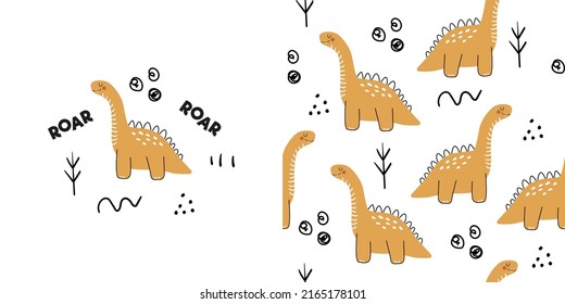 Set of posters with dinosaurs. Seamless pattern with dino in doodle style. Print for children's wallpapers, baby clothes, textiles.