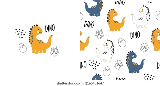 Set of posters with dinosaurs. Seamless pattern with dino, eggs, bushes and dots in doodle style. Printing on children's wallpaper, children's clothing, textiles.