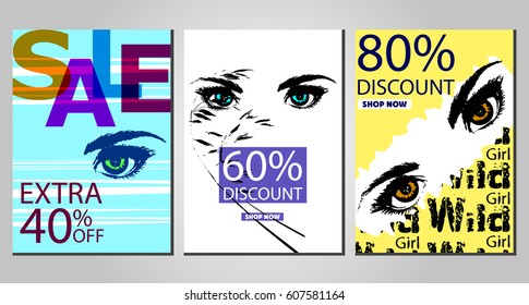 Set of posters with discounts with eyes girl vector
