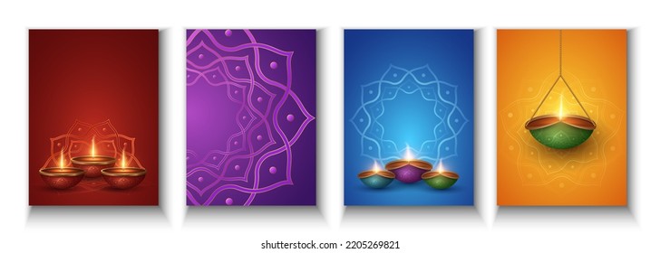 Set of posters for Diwali festival of light. Colorful Diya lamps with mandala pattern. Traditional Indian cover design. Burning lanterns. Festive banner for website. Greeting card. Vector. EPS 10