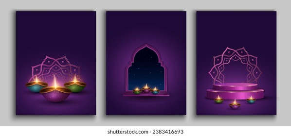 Carteles para el festival de la luz Diwali. Las lámparas diyas se encuentran en una ventana que da al cielo estrellado y en un lujoso podio. Volante indio festivo. Ilustración vectorial. EPS 10.