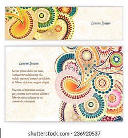 Set of posters with doodle paisley for your business. Used clipping mask for easy editing. Vector abstract background for invitations, business documents, cards, flyers and placards. Sale brochure.